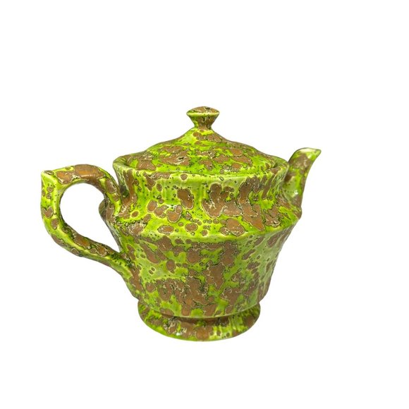 Vtg 70s Acid Green Psychadelic Splatter Mold Made Hand Painted 7" Ceramic Teapot - Picture 2 of 9